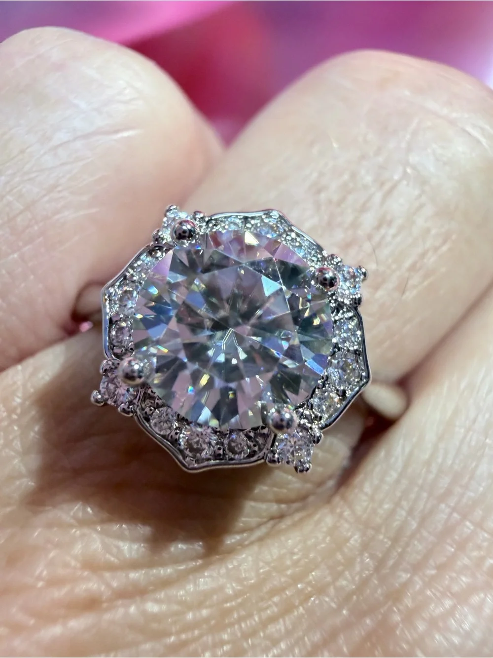 New Statement Moissanite 2 Carat 18 K Overlay with Sparkling Halo of Diamonds